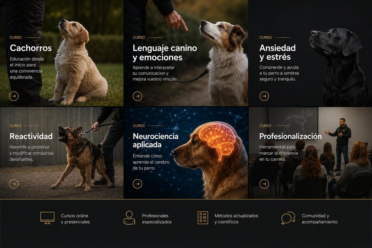 Cursos de TAKODA Academy sobre comunicación, ansiedad, reactividad y neurociencia canina.