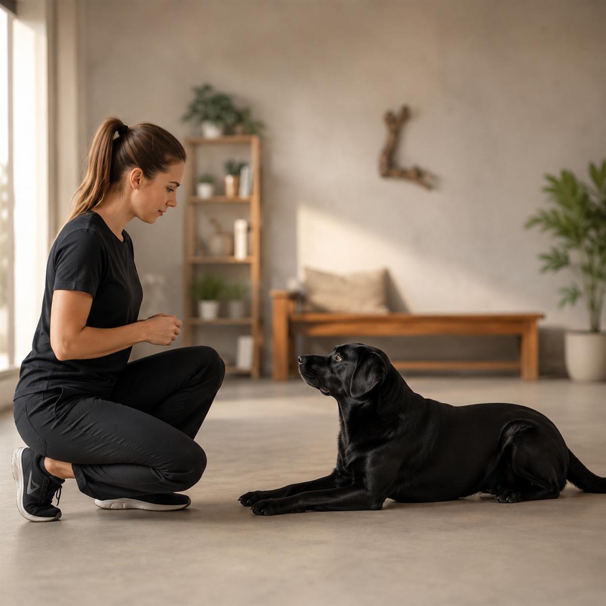 Tutora observando con calma a su perro en un espacio interior.